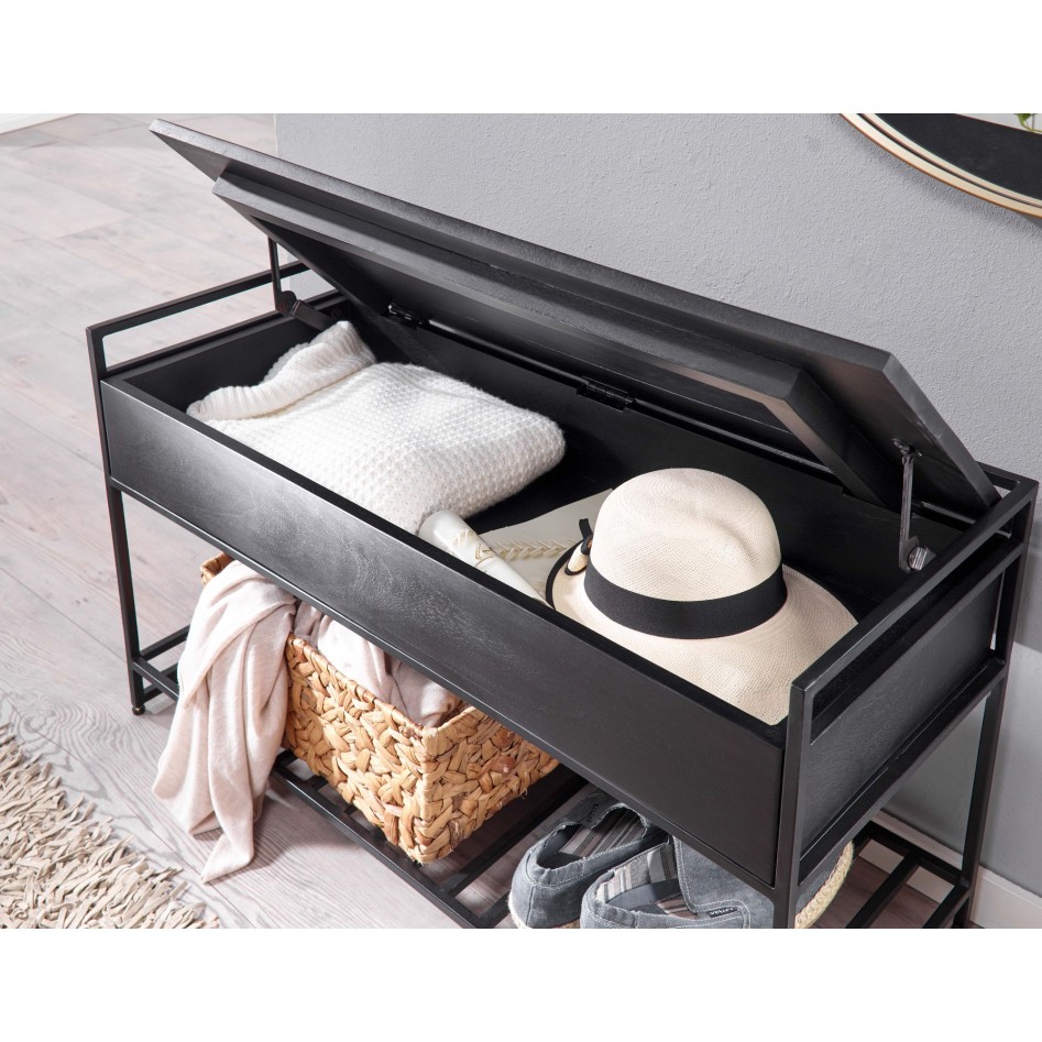 Banco con zapatero de madera maciza de mango y metal 90x52x38 cm