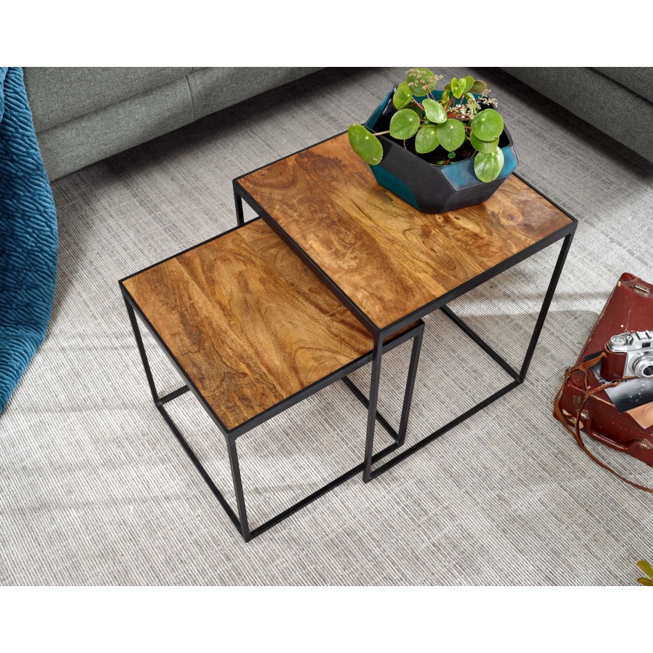 Juego de 2 mesas auxiliares de madera maciza y metal Industrial 