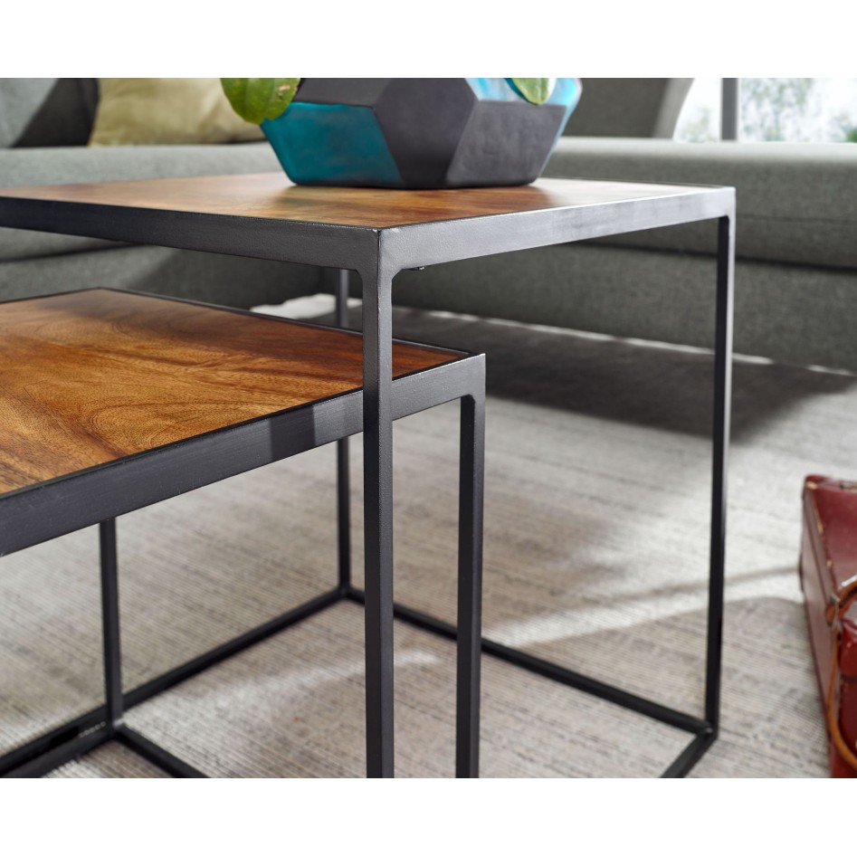 Juego de 2 mesas auxiliares de madera maciza y metal Industrial 