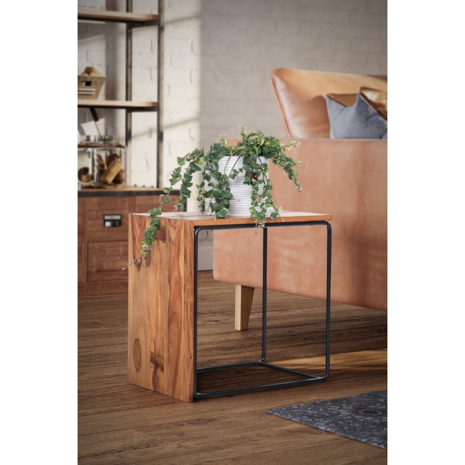 Mesa auxiliar de madera maciza de sheesham / metal 45x30x45 cm