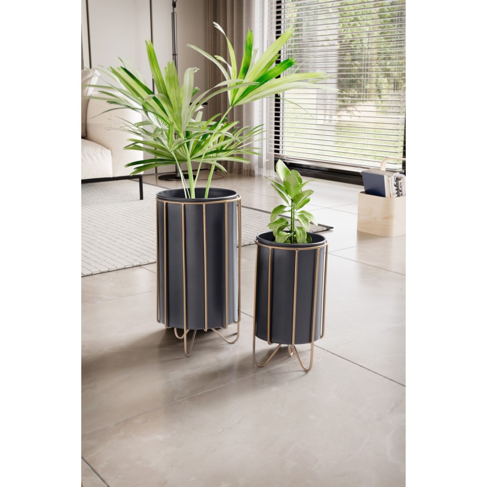 Juego de 2 maceteros de metal negro/dorado con pies