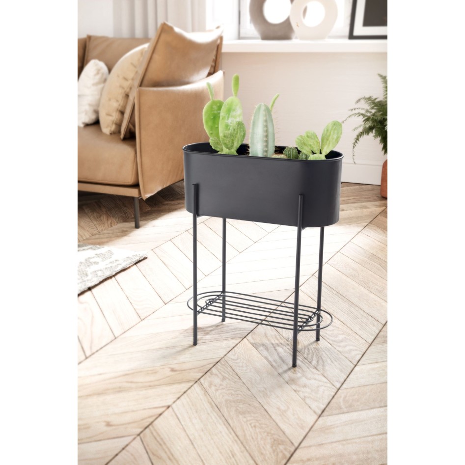 Macetero de metal 51x65x22 cm negro con estructura y estante 
