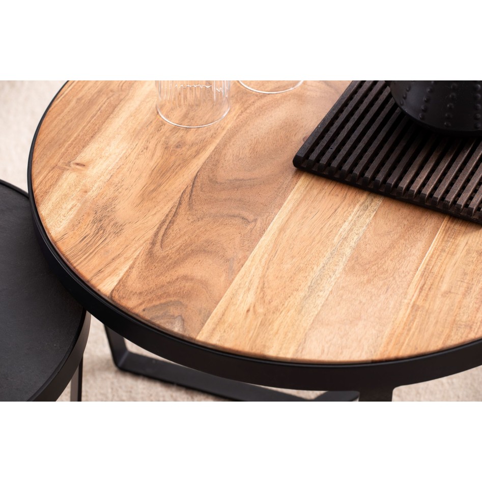 Juego de mesas auxiliares de 2 Piezas Madera Maciza de Acacia y Aspecto Piedra