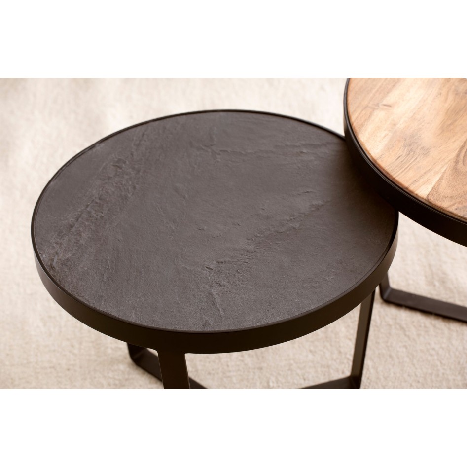 Juego de mesas auxiliares de 2 Piezas Madera Maciza de Acacia y Aspecto Piedra