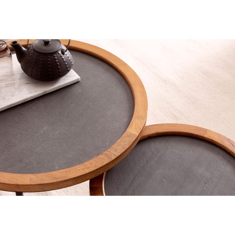 Juego de mesas auxiliares de 2 Piezas Madera Maciza de Mango y Aspecto Piedra