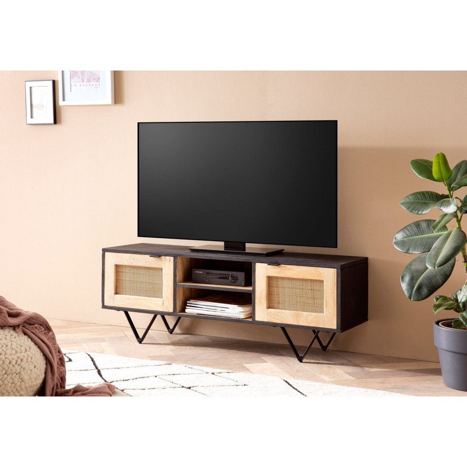 Mueble TV Madera Maciza de Mango y Ratán 120x44x35 cm
