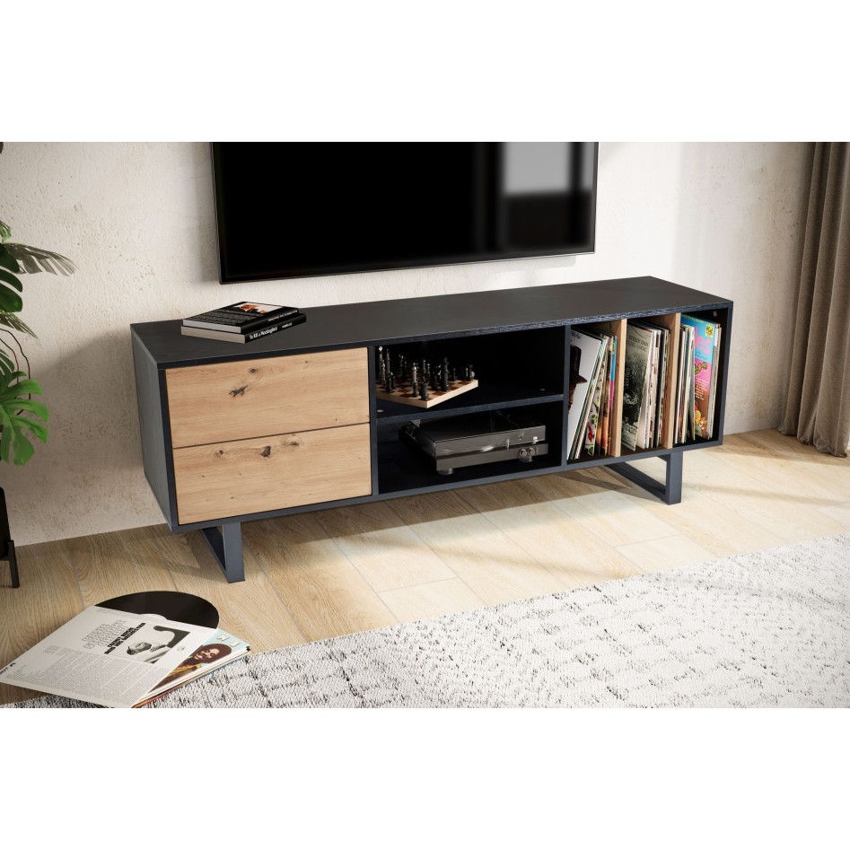 Mueble para TV Negro con decoración de Roble 150x55x40 cm