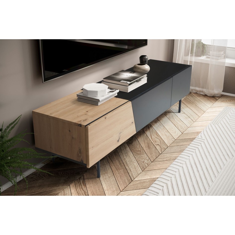 Mueble para TV Negro con decoración de Roble 150x40x40 cm