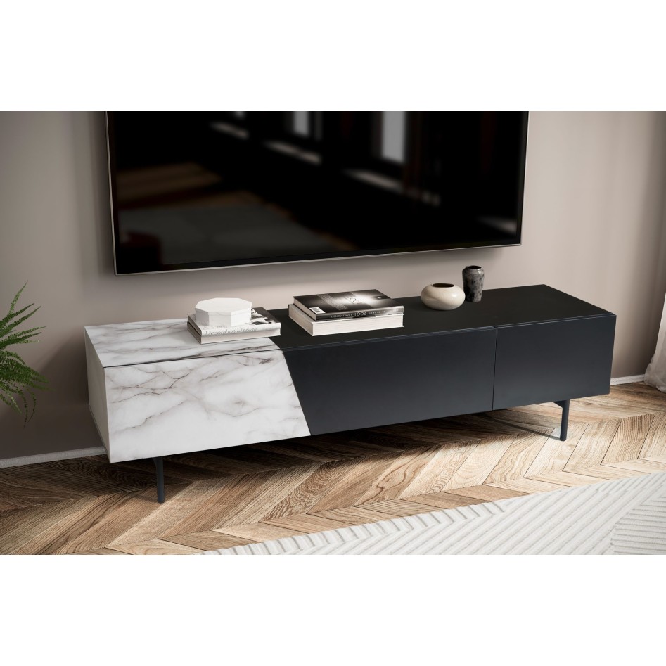 Mueble para TV Negro con decoración de mármol en Blanco 150x40x40 cm