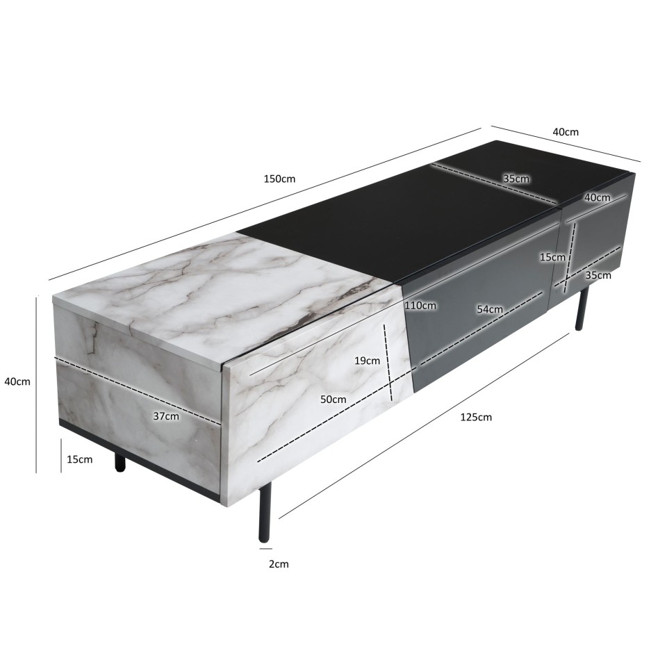 Mueble para TV Negro con decoración de mármol en Blanco 150x40x40 cm