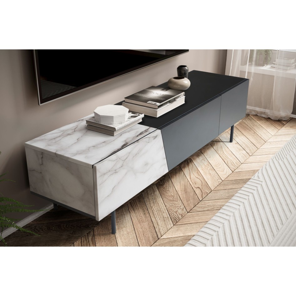 Mueble para TV Negro con decoración de mármol en Blanco 150x40x40 cm