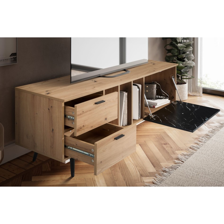 Mueble bajo de roble decorativo con aspecto de mármol en negro 150x55x40 cm