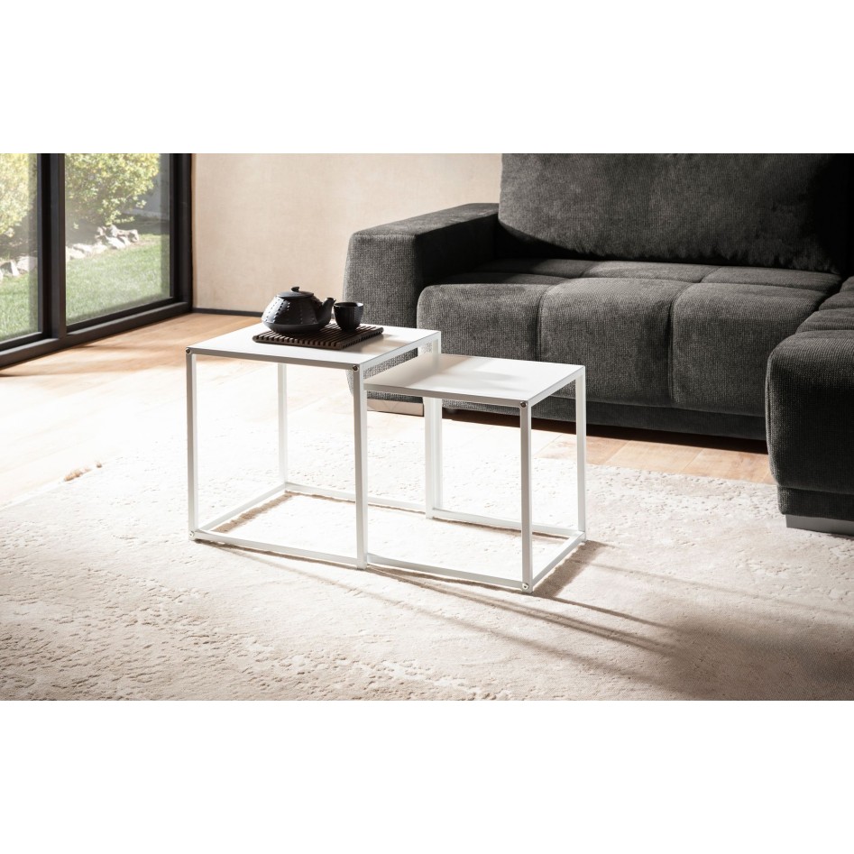 Juego de 2 mesas auxiliares de metal cuadrada blanca