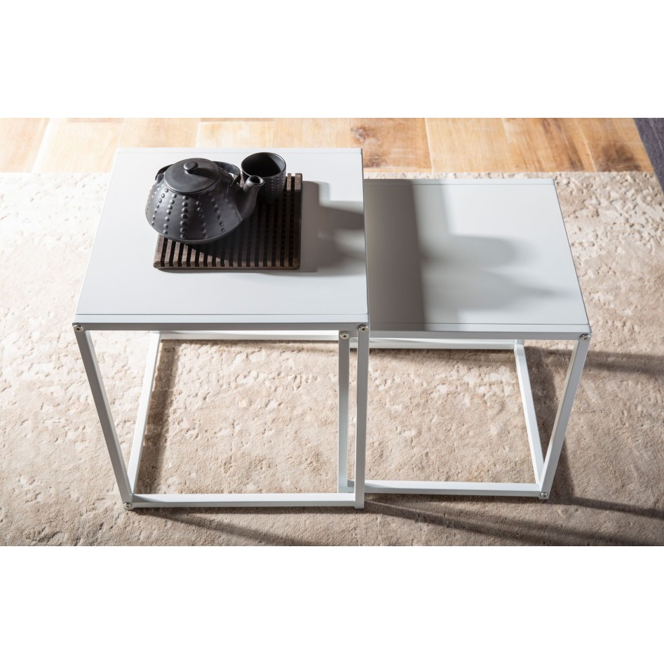 Juego de 2 mesas auxiliares de metal cuadrada blanca