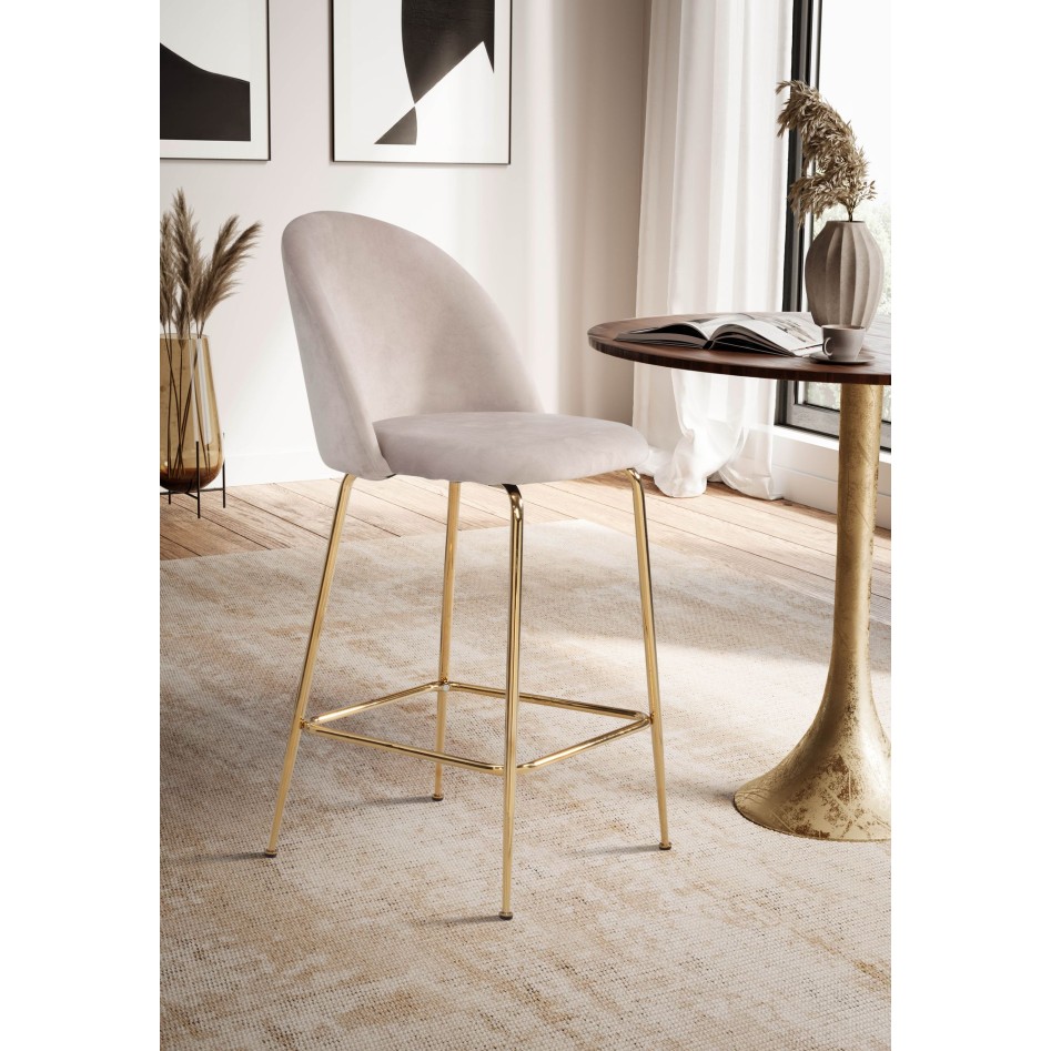 Juego de 2 taburetes de bar, terciopelo beige con respaldo y patas doradas