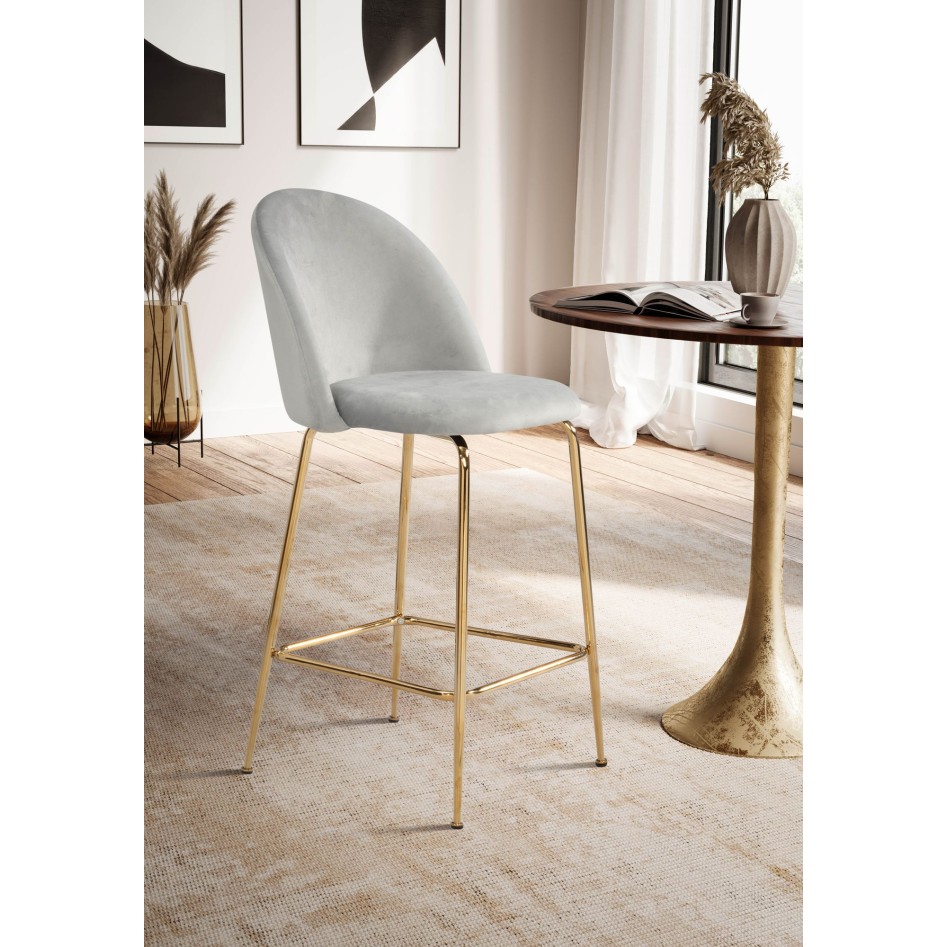 Juego de 2 taburetes de bar,  terciopelo gris con respaldo y patas doradas