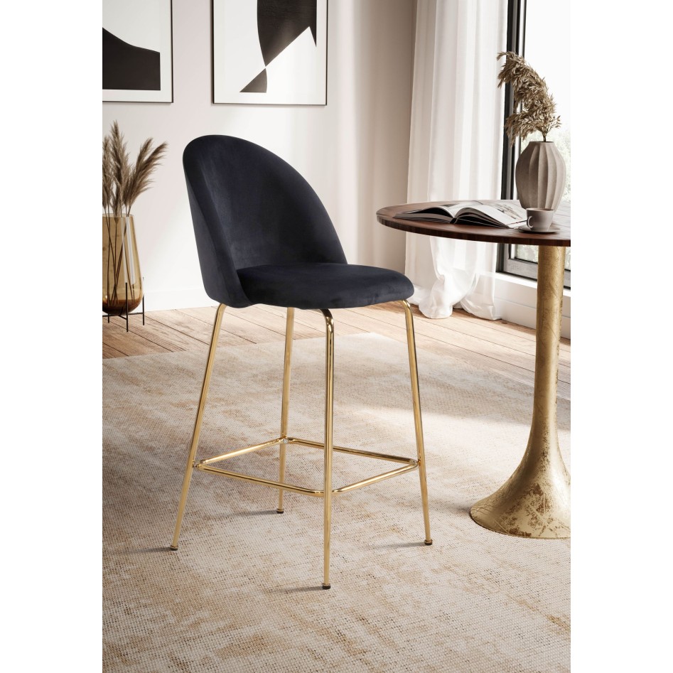 Juego de 2 taburetes de bar, terciopelo negro con respaldo y patas doradas
