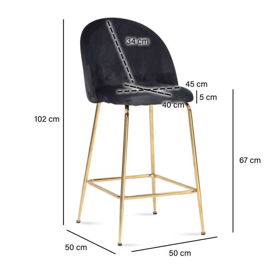 Juego de 2 taburetes de bar, terciopelo negro con respaldo y patas doradas