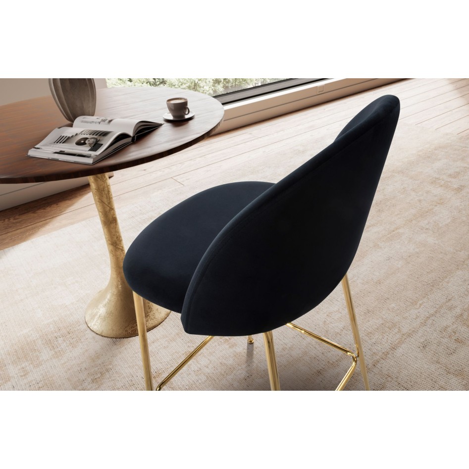 Juego de 2 taburetes de bar, terciopelo negro con respaldo y patas doradas