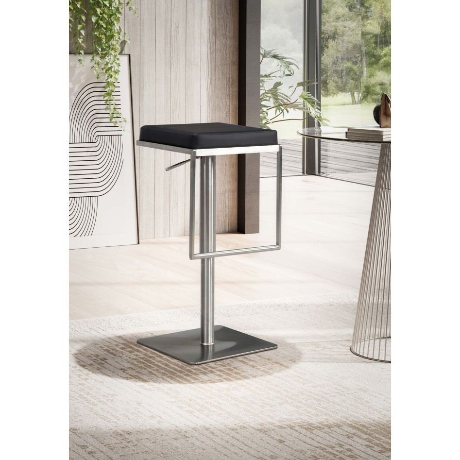 Taburete de bar negro de piel sintética de acero inoxidable