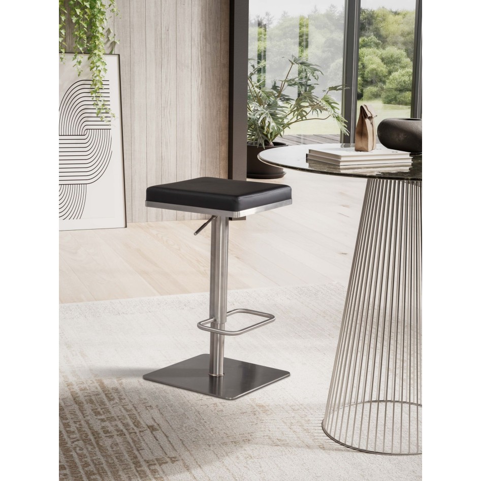 Taburete de bar negro de piel sintética de acero inoxidable