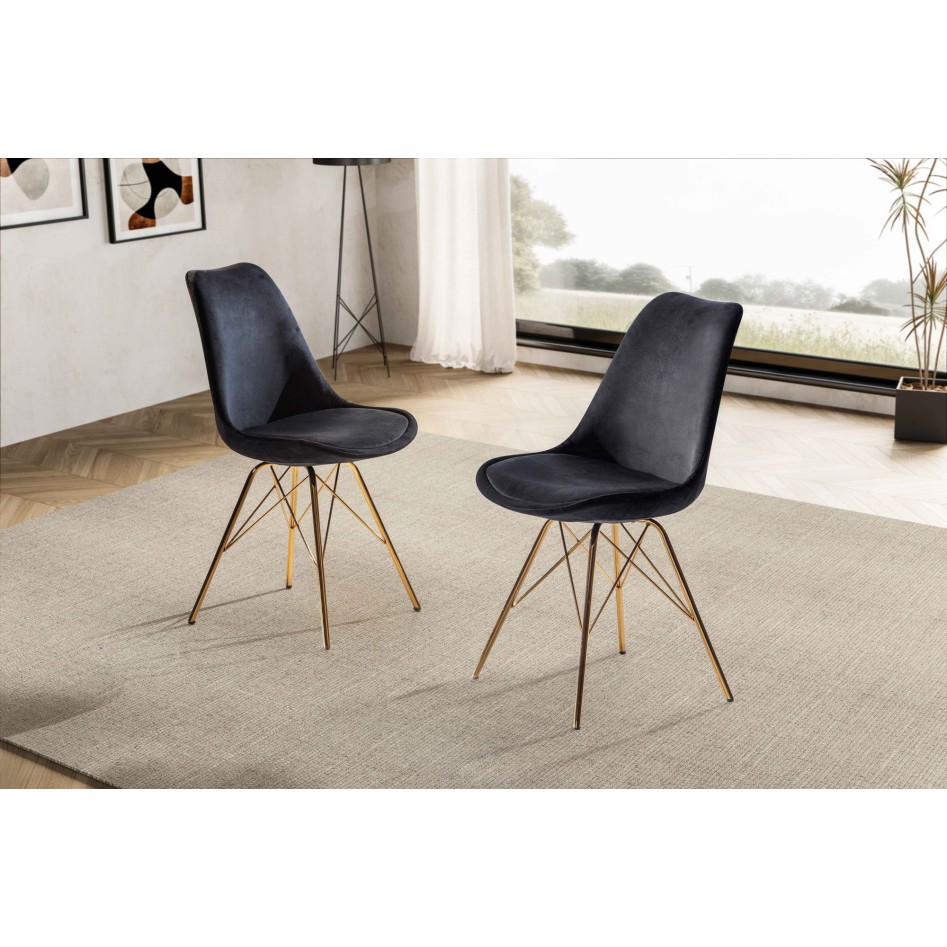Juego de 2 Sillas de comedor de Terciopelo Negro con patas de metal