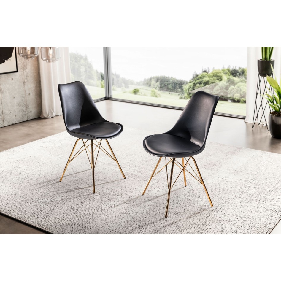 Juego de 2 Sillas de comedor, plástico Negro con patas de metal