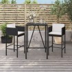 Mesa y taburetes altos jardín 3 piezas y cojines ratán PE negro