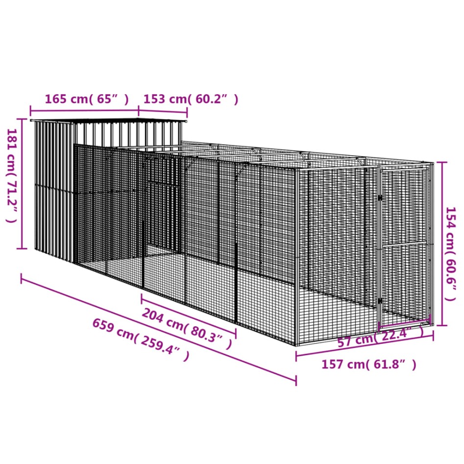 Caseta perros con corral acero galvanizado gris 165x659x181