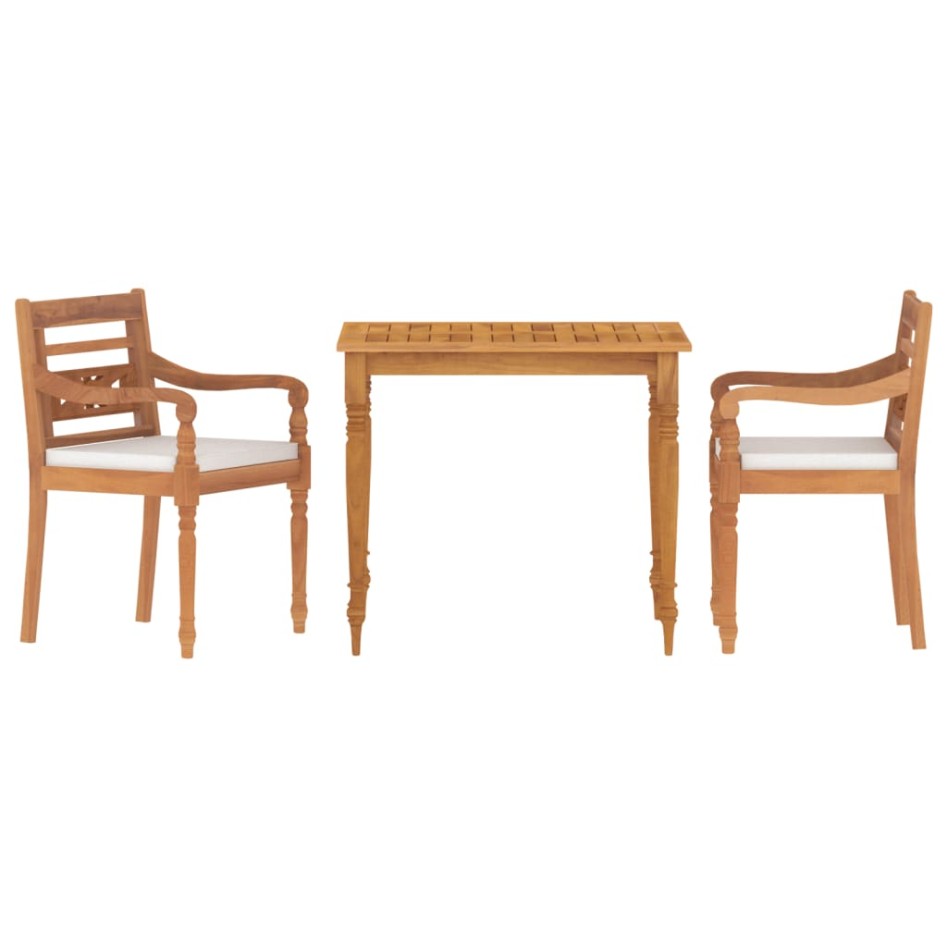 Juego comedor de jardín 3 pzas y cojines blancos madera de