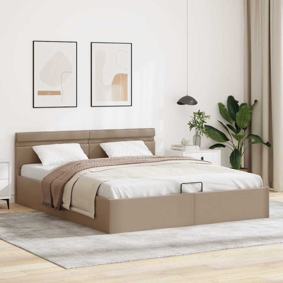 Cama canapé hidráulica LED cuero sintético capuchino 180x200