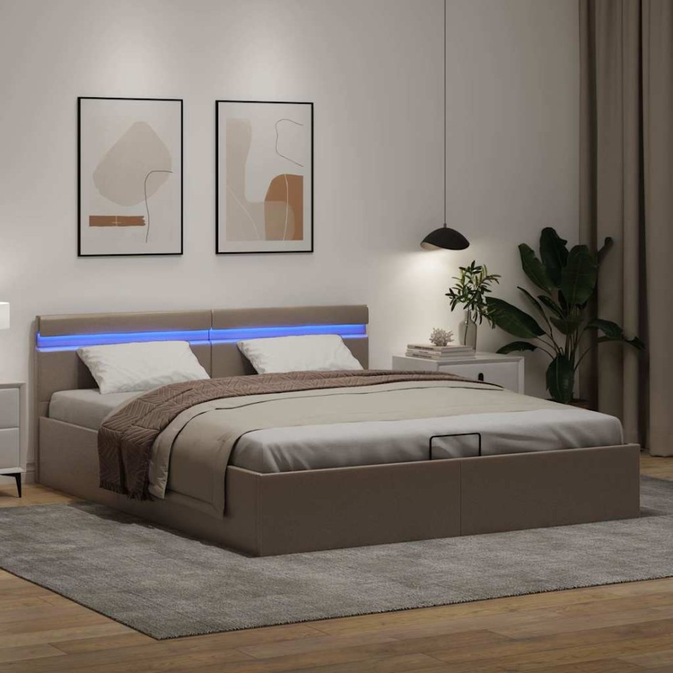Cama canapé hidráulica LED cuero sintético capuchino 180x200