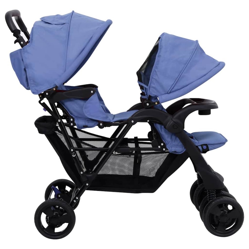 Carrito para gemelos tandem de acero azul