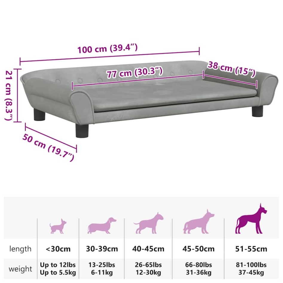 Cama para perros de terciopelo gris claro 100x50x21