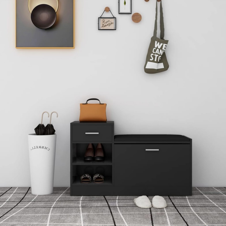 Banco zapatero de madera de ingeniería negro 94,5x31x57