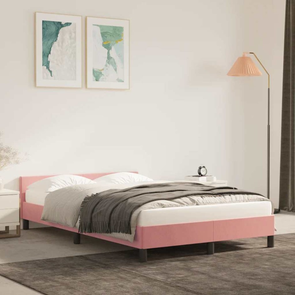 Cama con cabecero sin colchón terciopelo rosa 120x200