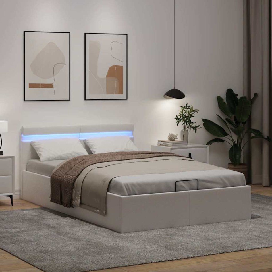 Cama canapé hidráulica con LED sin colchón blanco 140x200