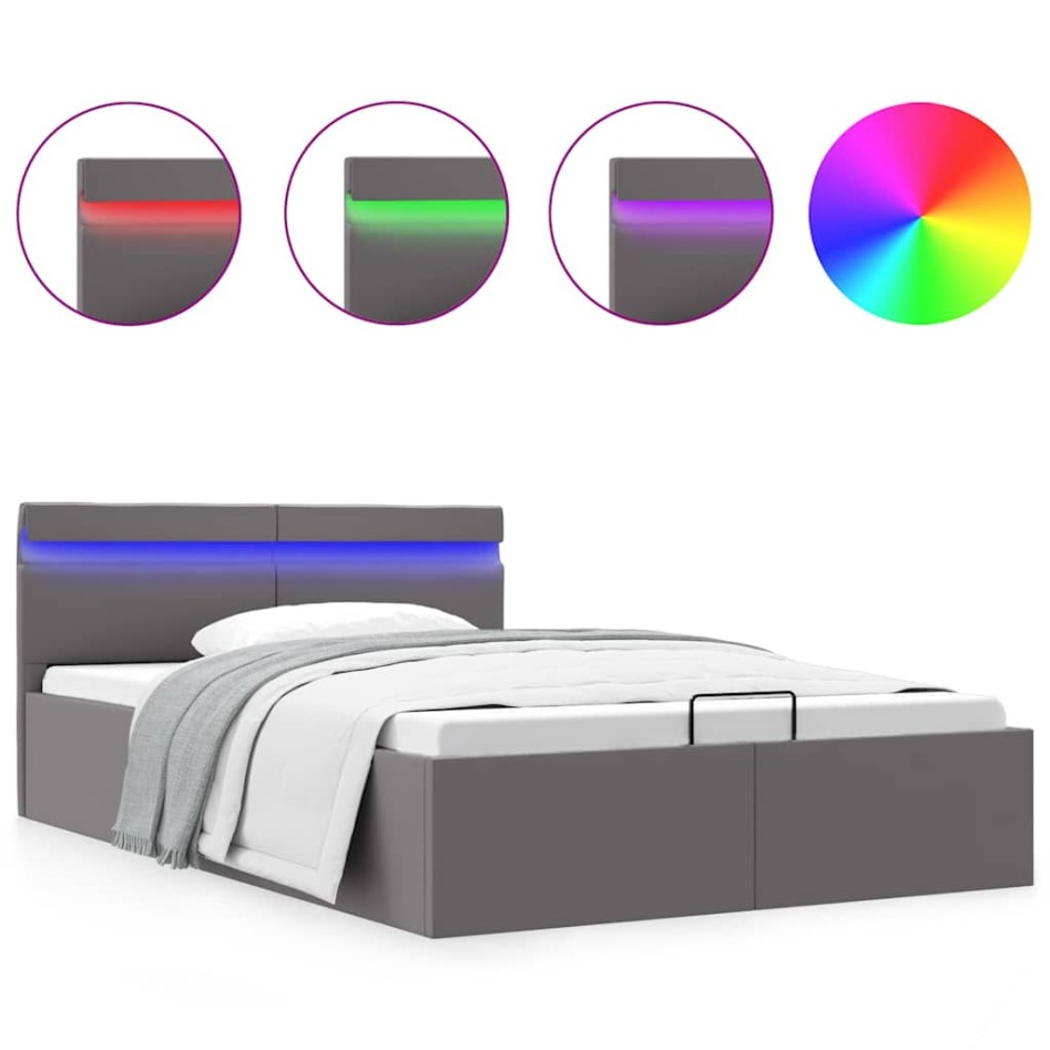 Cama canapé hidráulica con LED cuero sintético gris 120x200
