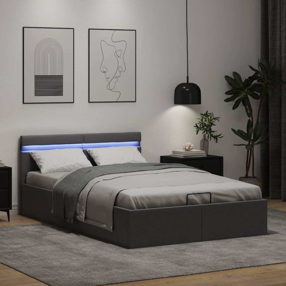 Cama canapé hidráulica con LED cuero sintético gris 120x200