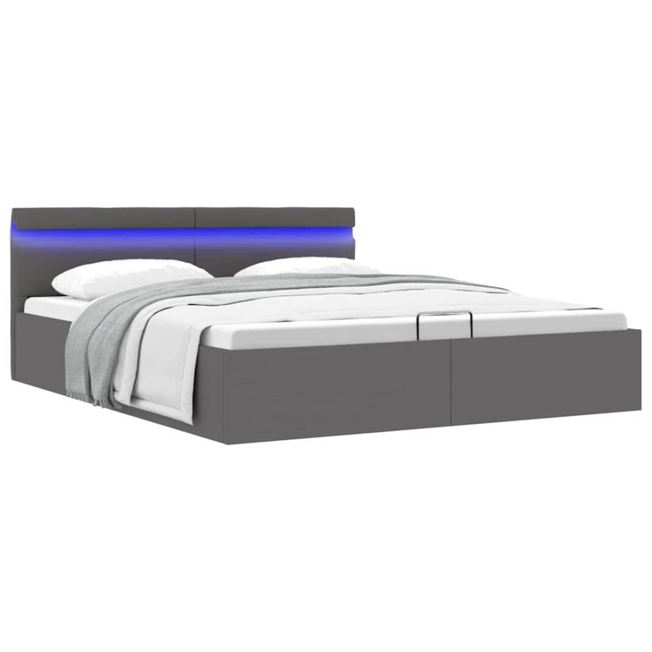 Cama canapé hidráulica con LED cuero sintético gris 160x200