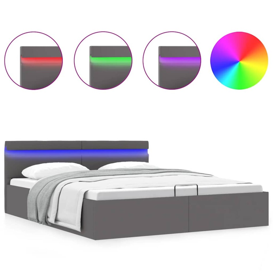 Cama canapé hidráulica con LED cuero sintético gris 160x200