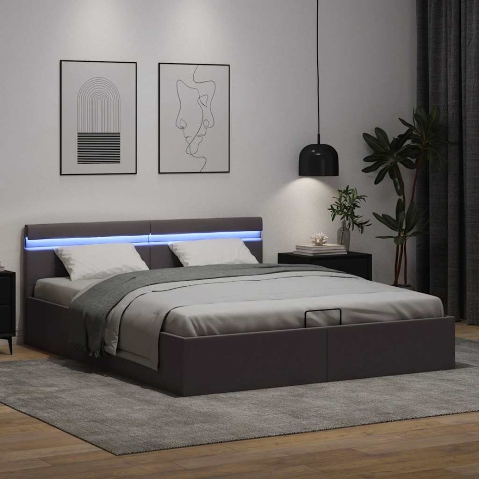 Cama canapé hidráulica con LED cuero sintético gris 160x200