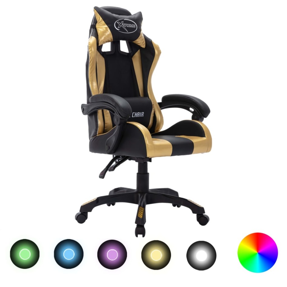 Silla gaming con luces LED RGB cuero sintético dorado y