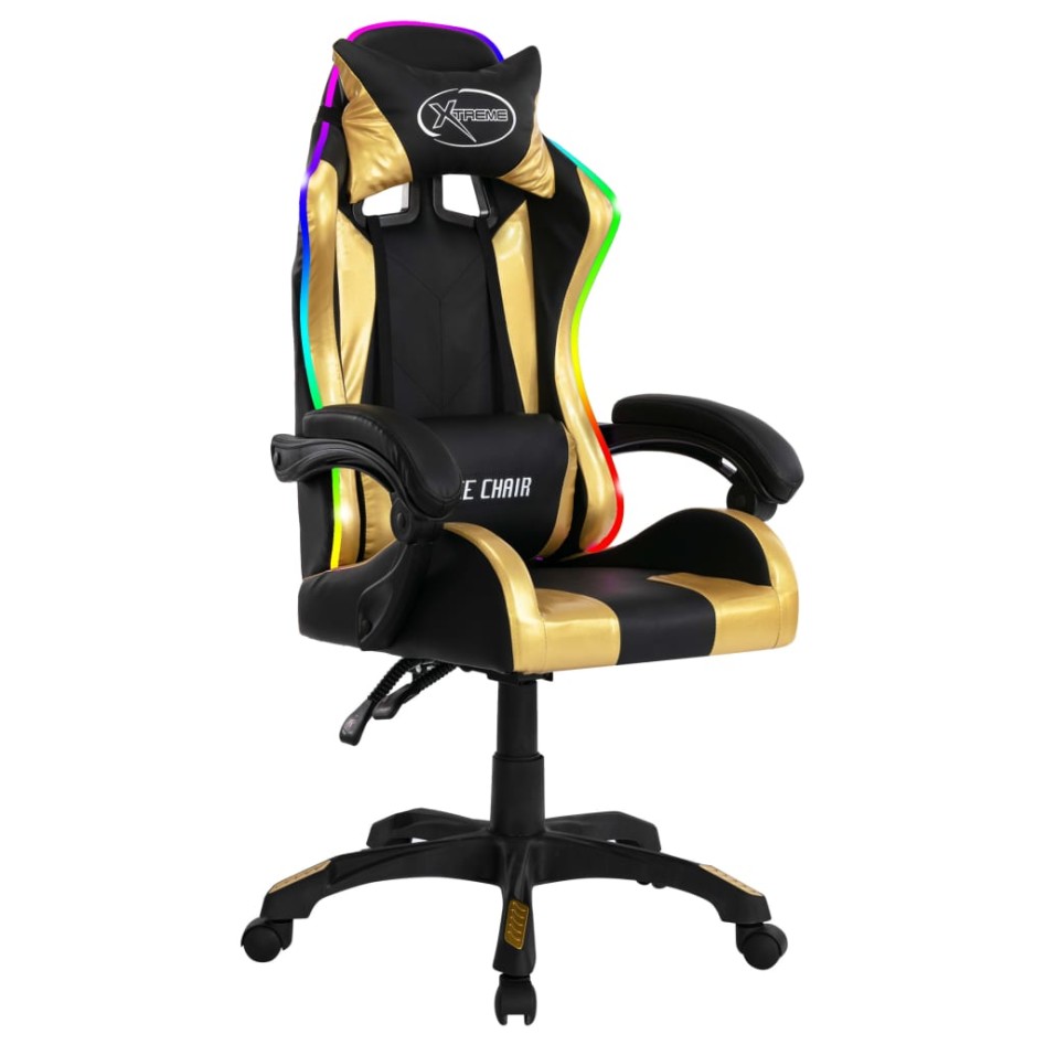 Silla gaming con luces LED RGB cuero sintético dorado y
