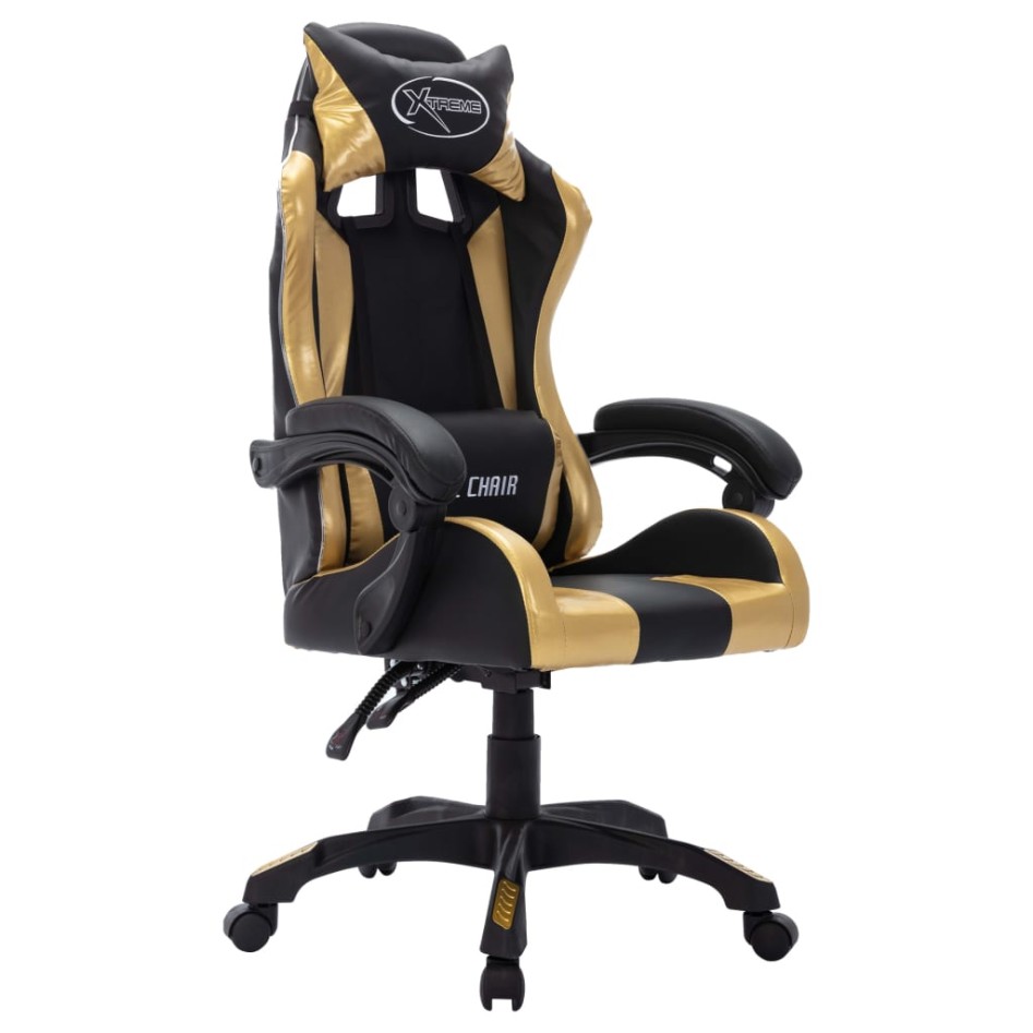 Silla gaming con luces LED RGB cuero sintético dorado y