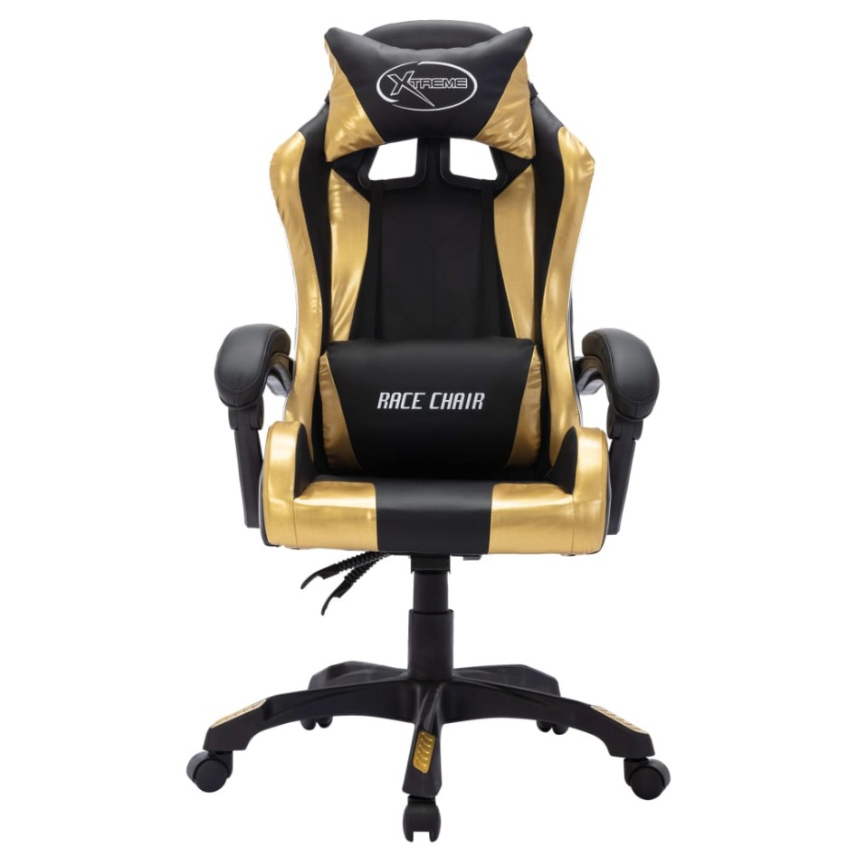 Silla gaming con luces LED RGB cuero sintético dorado y
