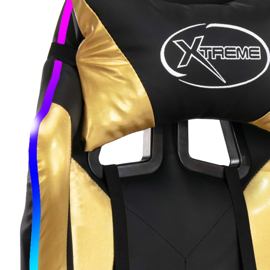 Silla gaming con luces LED RGB cuero sintético dorado y