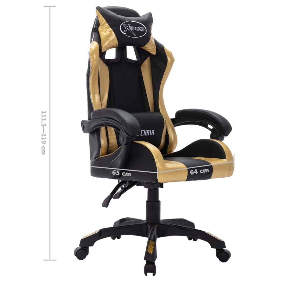 Silla gaming con luces LED RGB cuero sintético dorado y