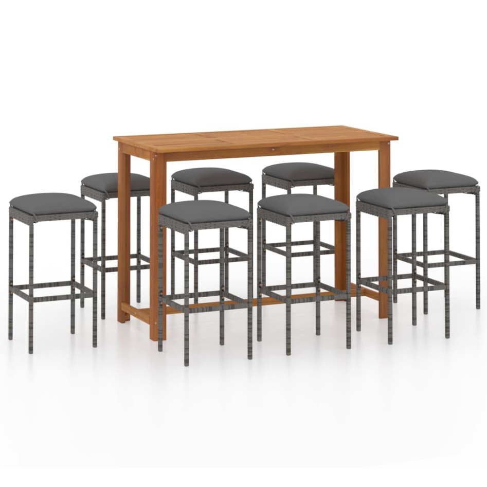 Set de bar para jardín 9 piezas y cojines ratán sintético