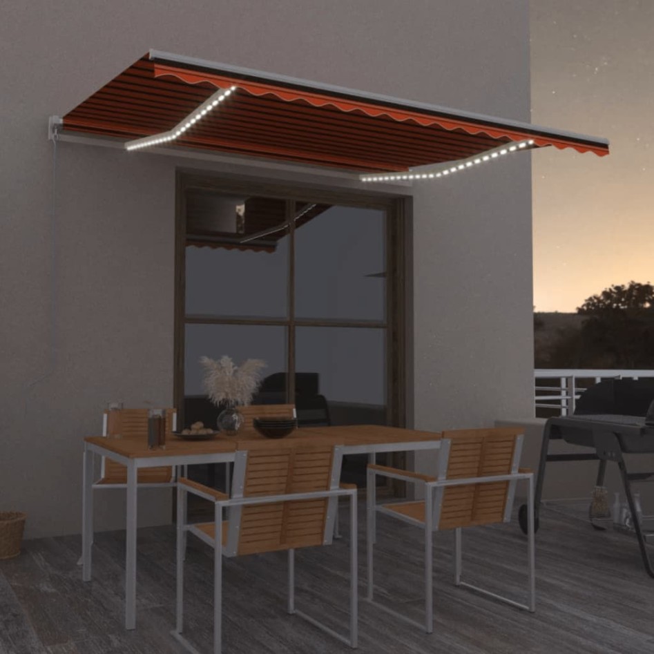 Toldo manual retráctil con LED naranja y marrón 450x350